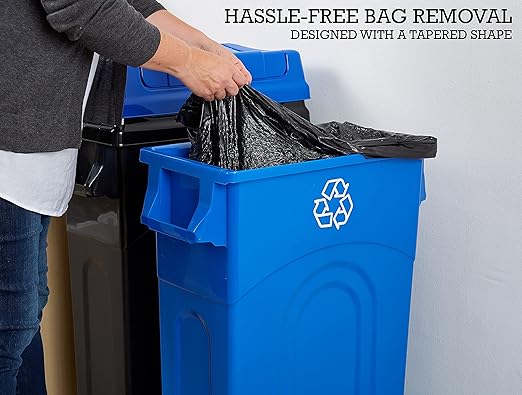 United Solutions 23 Gallon Highboy Plastic Recycling Bin Kitchen Trash Can with Lid, Pass Through Handles, and Dustpan Edge, Blue