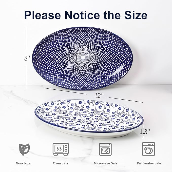 Selamica Serving Platters Ceramic, 12 Inch Serving Dishes for Party Entertaining, Oval Serving Plates for Sandwich, Appetizer, Fruit, Microwave Dishwasher Safe, Set of 4, Vintage Blue