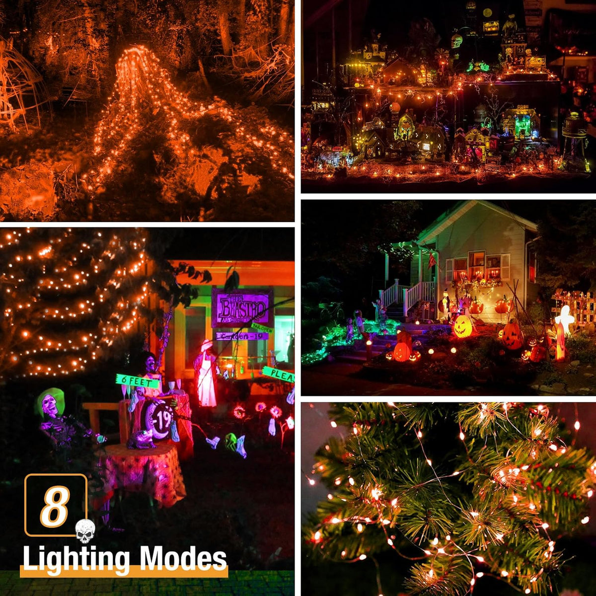 4 Pack Solar Halloween String Lights Outdoor - 320LED 132FT Orange Solar Fairy Lights Outside Waterproof, 8 Modes Solar Powered Twinkle Lighting Decorations for Tree Garden Yard Spooky Patio Party