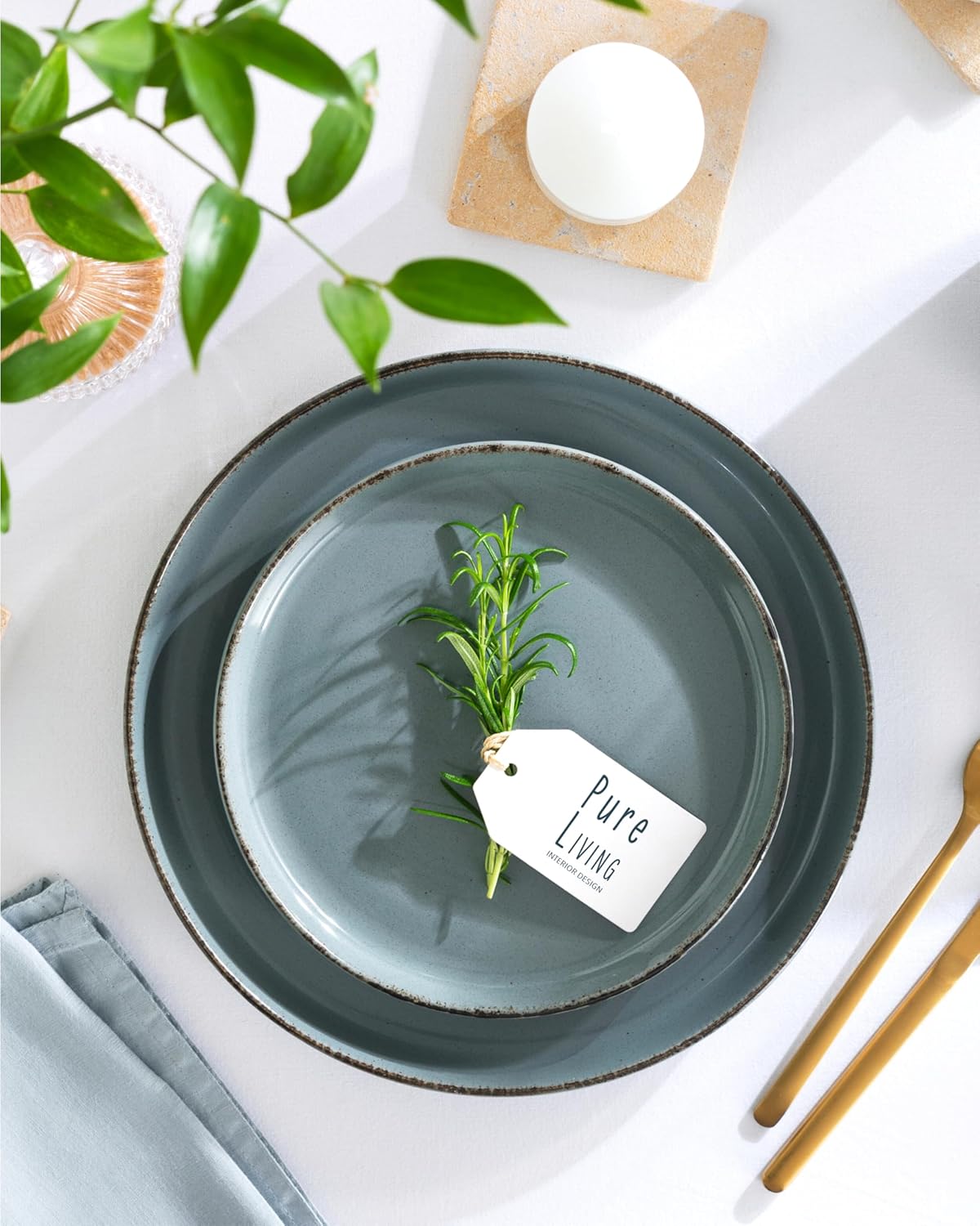 Stoneware dinnerware set 4 persons Rustic 16 pcs - Rustic design dinnerware set, dishwasher safe - Bowl and plate set - Pure Living dinnerware in smoky blue…