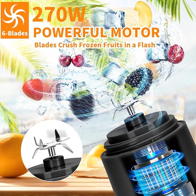 Portable Blender,Personal Size Blender for Shakes and Smoothies with 6 Blades,20 Oz Mini fresh juicer Blender Cup USB rechargeable with Travel Lid for Home,Office & Gym (Diamond Black)
