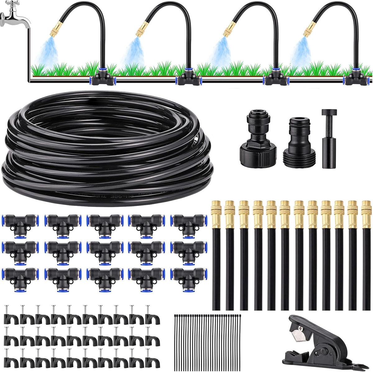 Mornajina Automatic Drip Irrigation Kits Garden Irrigation System, Includes 50FT 5/16 inch Irrigation Tubing Hose & 15Pcs 360° Bending Dropper Atomizing Mist Nozzles Tee for Garden Watering System