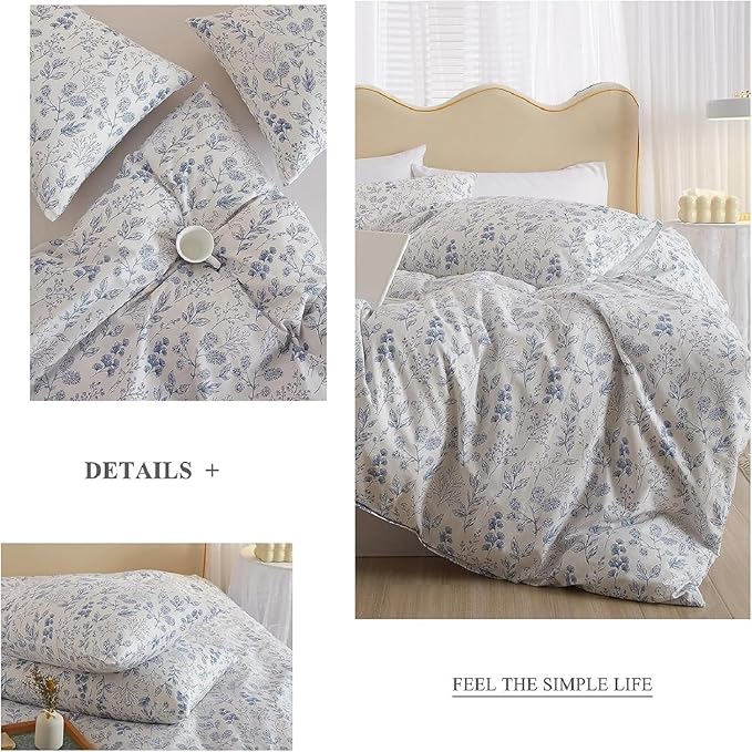 Blue Floral Comforter Set Full Size White Soft Microfiber Bedding Set Soft Fluffy Vintage Garden Style Botanical Comforter Set for Girls Women Cottagecore Flowers Boho Comforter with 2 Pillowcases