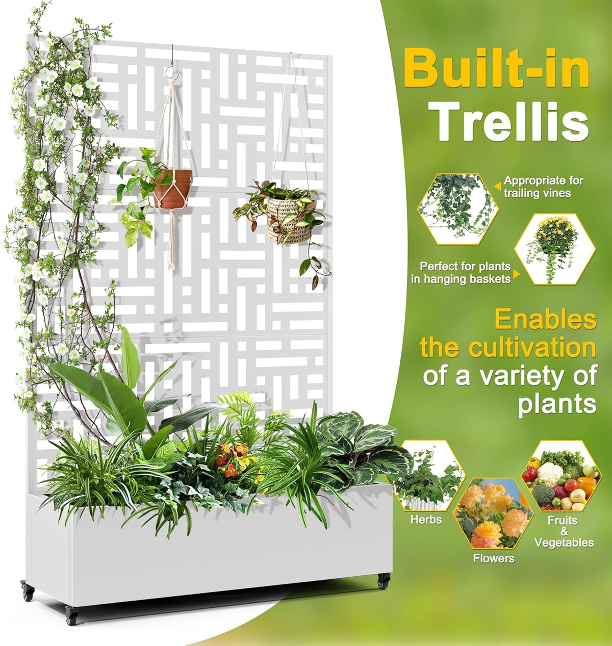 FENCY Metal Raised Garden Bed with Wheels and Trellis,73"x47"x16" Planter Box for Climbing Plants, Vegetables & Vines, Features Privacy Screen and Drainage Holes (White-Geometric Lattice)