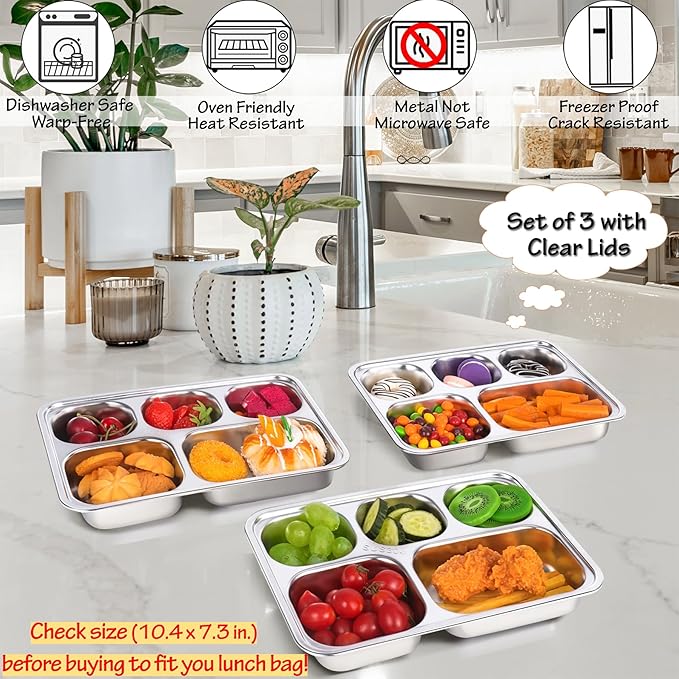 Stainless Steel Snack Containers with Plastic Lids - 3 Pack - 5 Compartments Bento Snack Boxes - Large Reusable Meal Prep for Kids Adult - Divided Food Storage Container for School, Lunch, Home Travel