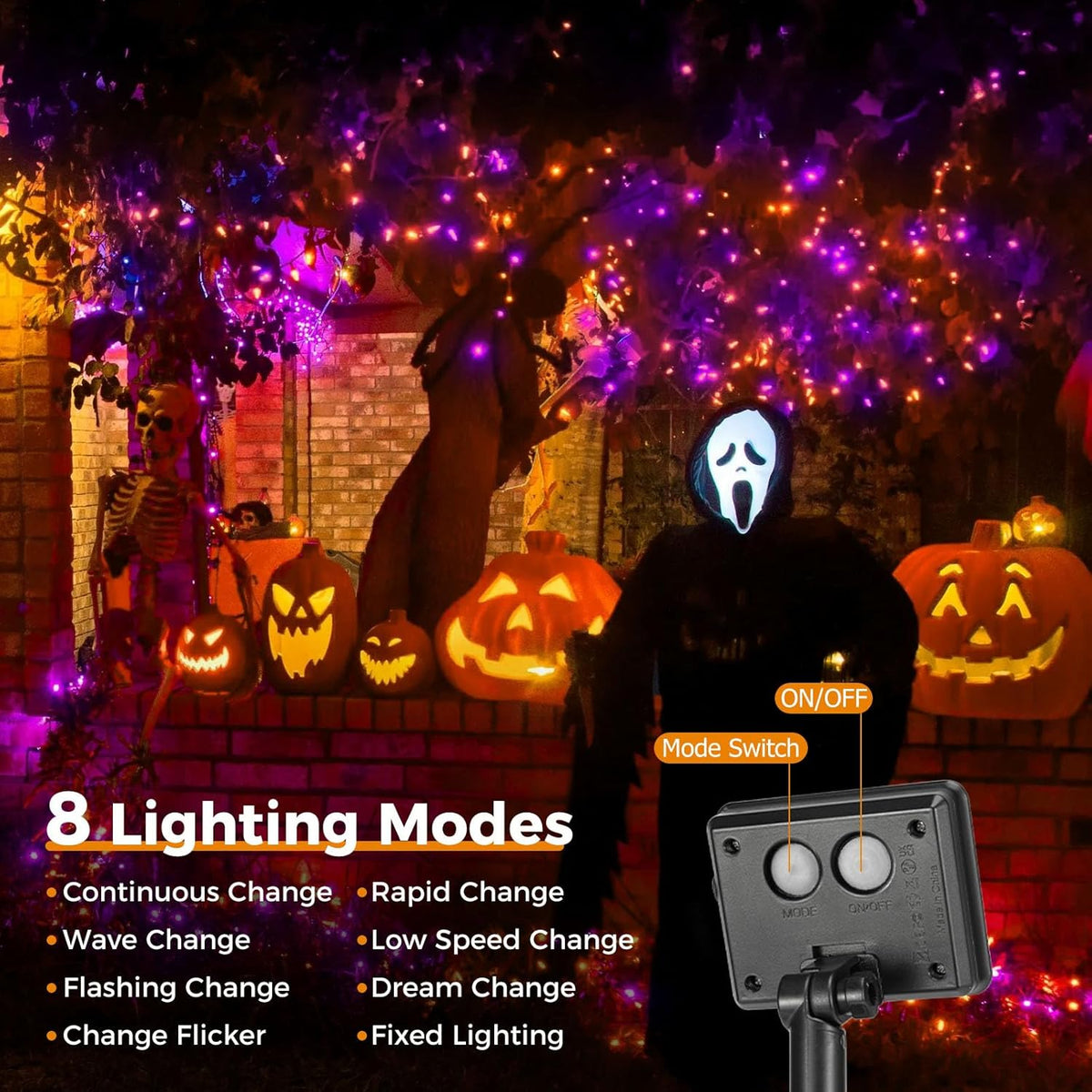 btfarm Solar Halloween String Lights Outdoor, 80LED 33FT Orange Purple Solar Fairy Lights Outside Waterproof, 8 Modes Solar Powered Twinkle Lights for Tree Garden Patio Halloween Party Decorations
