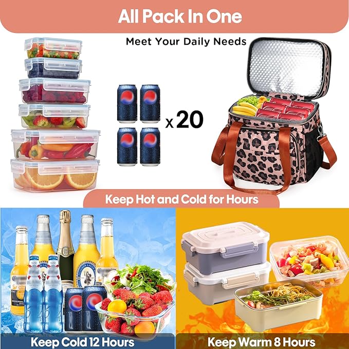 GLENKEY Expandable Insulated Lunch Box, Double Deck Lightweight Large Lunch Bag Tote Leakproof Cooler Bags for Women Adults Work Outdoor Picnic Daytrip, Leopard, 16L