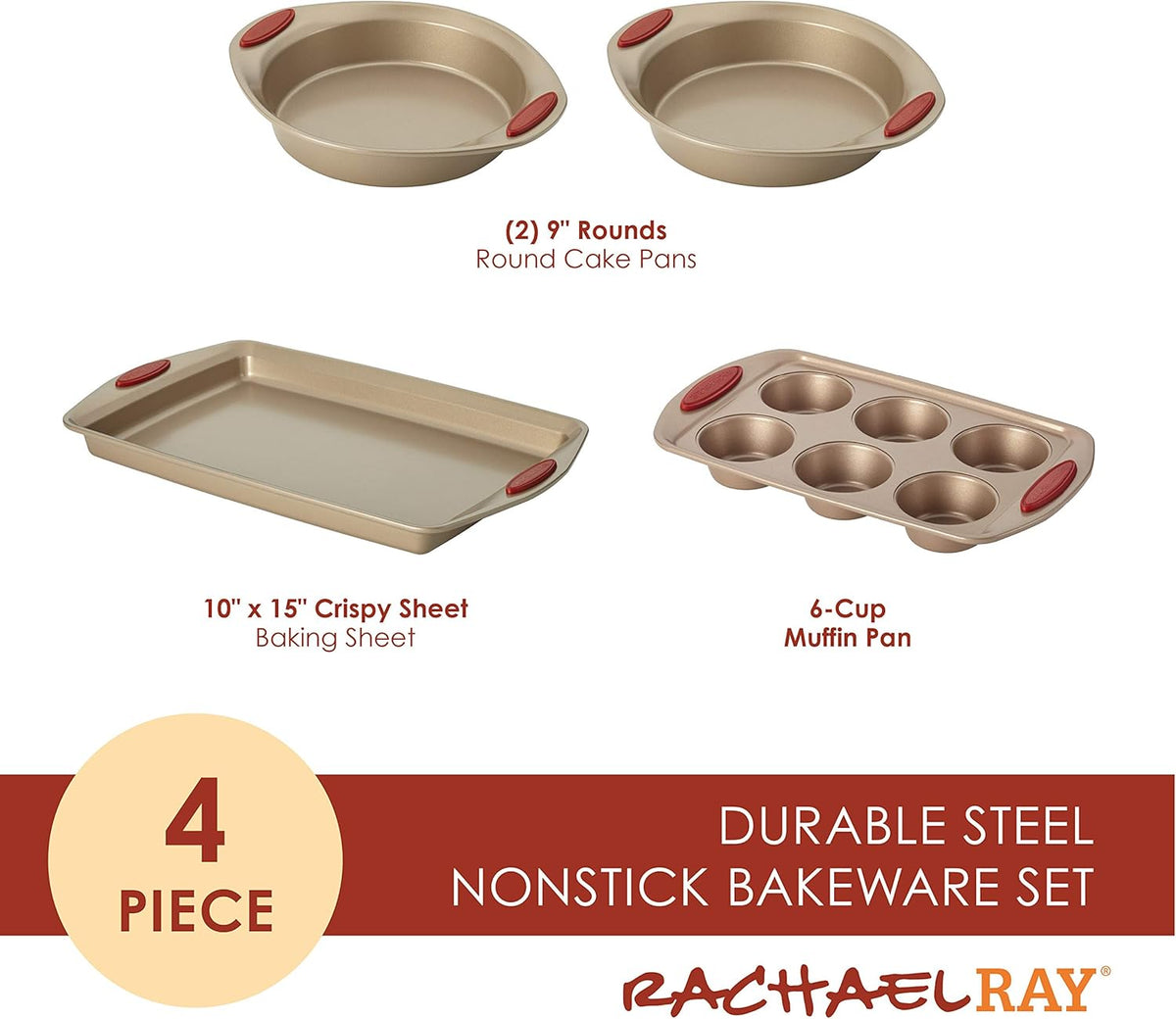 Rachael Ray Cucina Bakeware Set Includes Nonstick Cake Cookie Baking Sheet and Muffin Cupcake Pan, 4 Piece, Latte Brown with Cranberry Red Grips