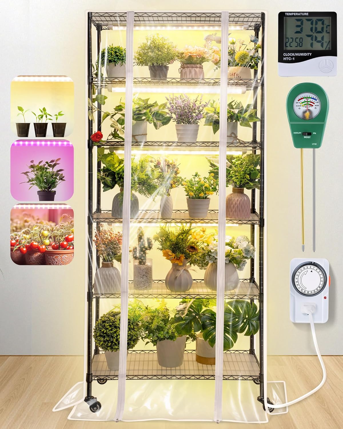 Meonum Plant Shelf with Grow Lights, 6 Tier DIY Metal Grow Rack with 90W LED Growing Lamps for Seed Starting, Indoor Greenhouse with Cover, Mechanical Timer, Thermometer, pH Meter, PP Waterproof Pads