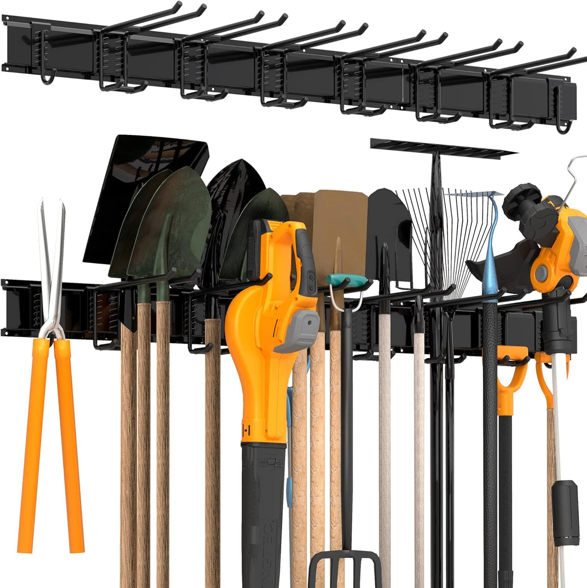 Storaboks Heavy Duty Garage Storage Rack System, Wall Mounted Tool Organizer with 8 Double Hooks, 3 Rails, Garden Yard Tools Hanger for Ski Gears, Broom, Rake, Shovel