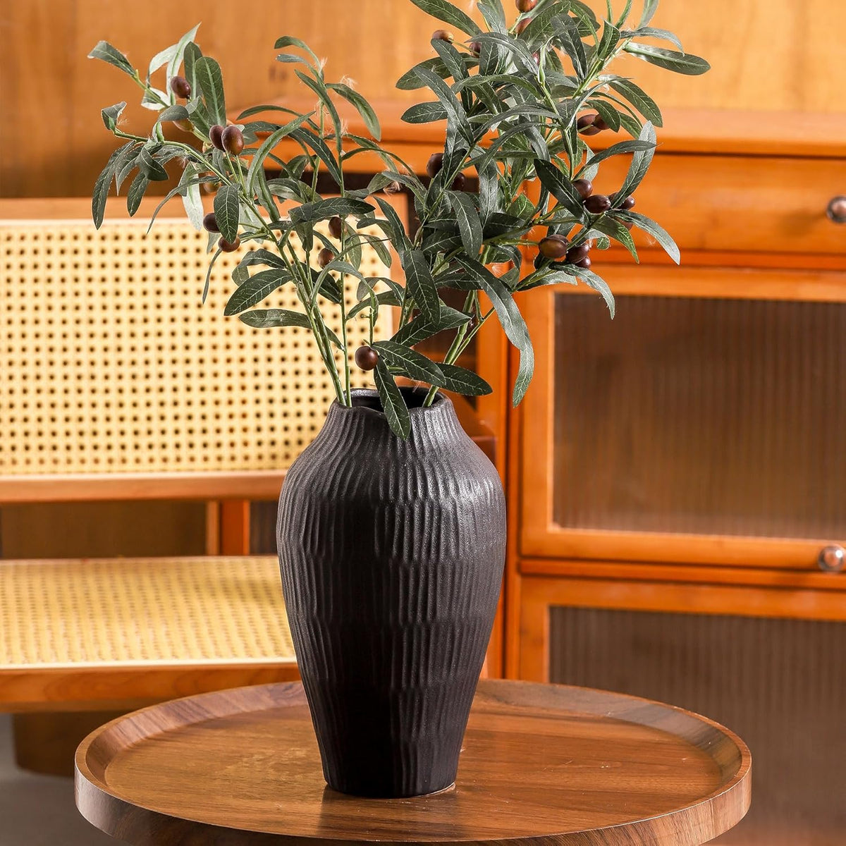 Elegant Black Ceramic Vase - Modern Minimalist Home Decor Vase, Centerpiece for Living Room, Dining Table, Office - 11.6 Inches Tall, Handcrafted Pottery for Farmhouse, Boho, Contemporary Style