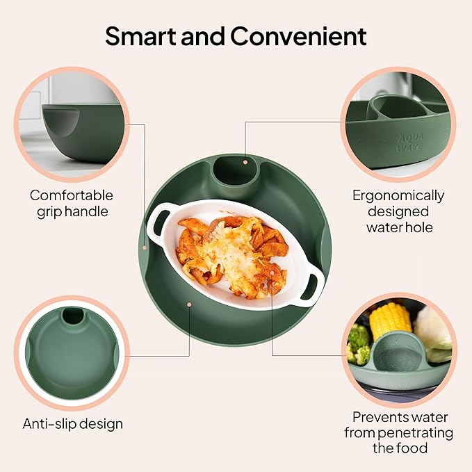 Longtail Company Microwave Steamer Bowl – BPA-Free Silicone Cooking Tray with Water Hole | Steam & Reheat Without Lid | Dishwasher Safe | Defrost, Reheat, Steam Veggies, Pizza, Meals | 9.6in - GREEN