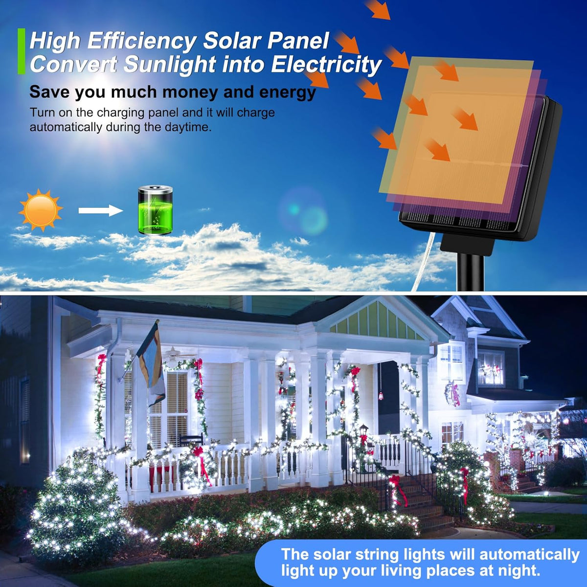 Brightever Outdoor String Lights Solar Powered, 2-Pack Total 80FT 200LED Solar Fairy Lights for Outside Waterproof with 8 Lighting Modes, Solar Twinkle Lights Outdoor for Garden (Daylight White)