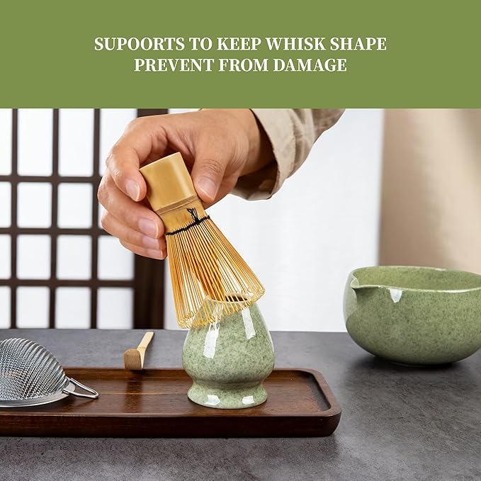 YIBO Matcha Whisk Set With Bowl, Ceramic Matcha Making Kit Includes Bamboo Whisk (Chasen), Holder Stand, Powder Starter Sifter, Scoop, Measuring Spoon & Cup Tea Tools For Ceremony (Mottled Green)
