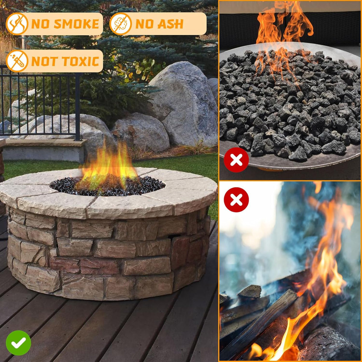 Fire Glass, Fire Pit Rocks for Propane Firepit, Fireplace and Outdoor Decorative, 10LB High Luster 1 Inch Amber Diamonds Glass Beads