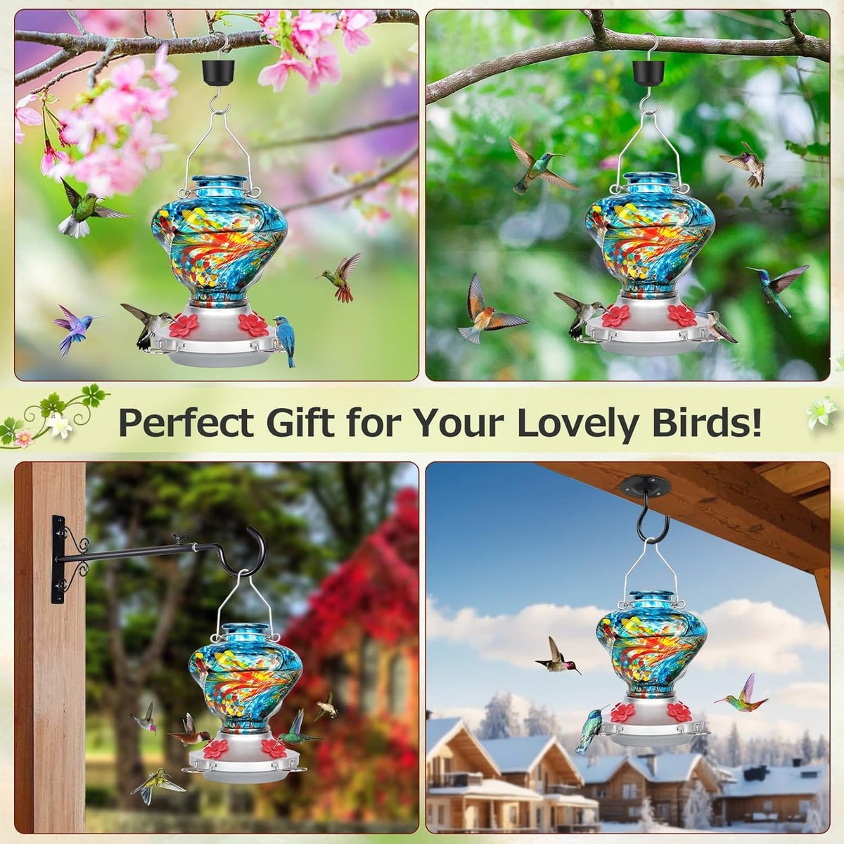 Hummingbird Feeder for Outdoors with Ant Moat, Blue Hummingbird Feeder, Hand Blown Twisted Glass, 4 Bee Guard Feeding Ports with Perch, Outdoor Décor, 16OZ, Gifts for Mom Wife Dad Men Women