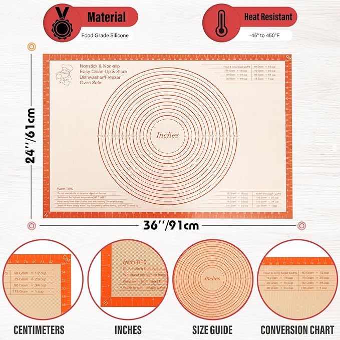 Silicone Pastry Mat 36x24 Inch Extra Large Baking Mat, Nonstick Kitchen Counter Kneading Board, Perfect for Dough, Pastry, Dough Rolling, Fondant, Pie Crust, Fondant, Cookies, Bread, Pasta, Pizza