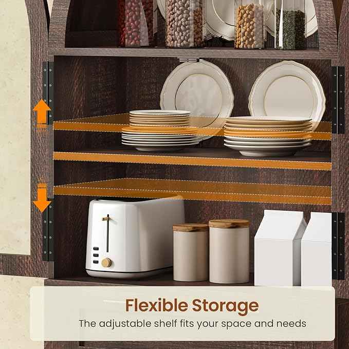 Itaar 71" Arched Kitchen Pantry Cabinet, Kitchen Storage Cabinets with 1 Large Drawer & Storage Cart 2 Tier & Door Shelves for Living Room, Dining Room, Brown