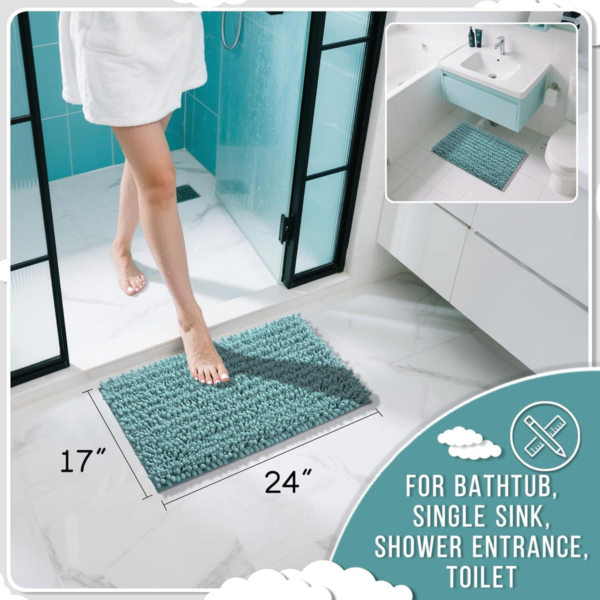 Yimobra Bathroom Rugs Non Slip Washable 24x17 Inch - Ultra Soft Absorbent Chenille Bath Mat, Quick Dry Shaggy Floor Carpet for Tub Shower, Teal Blue Home Decor Accessories