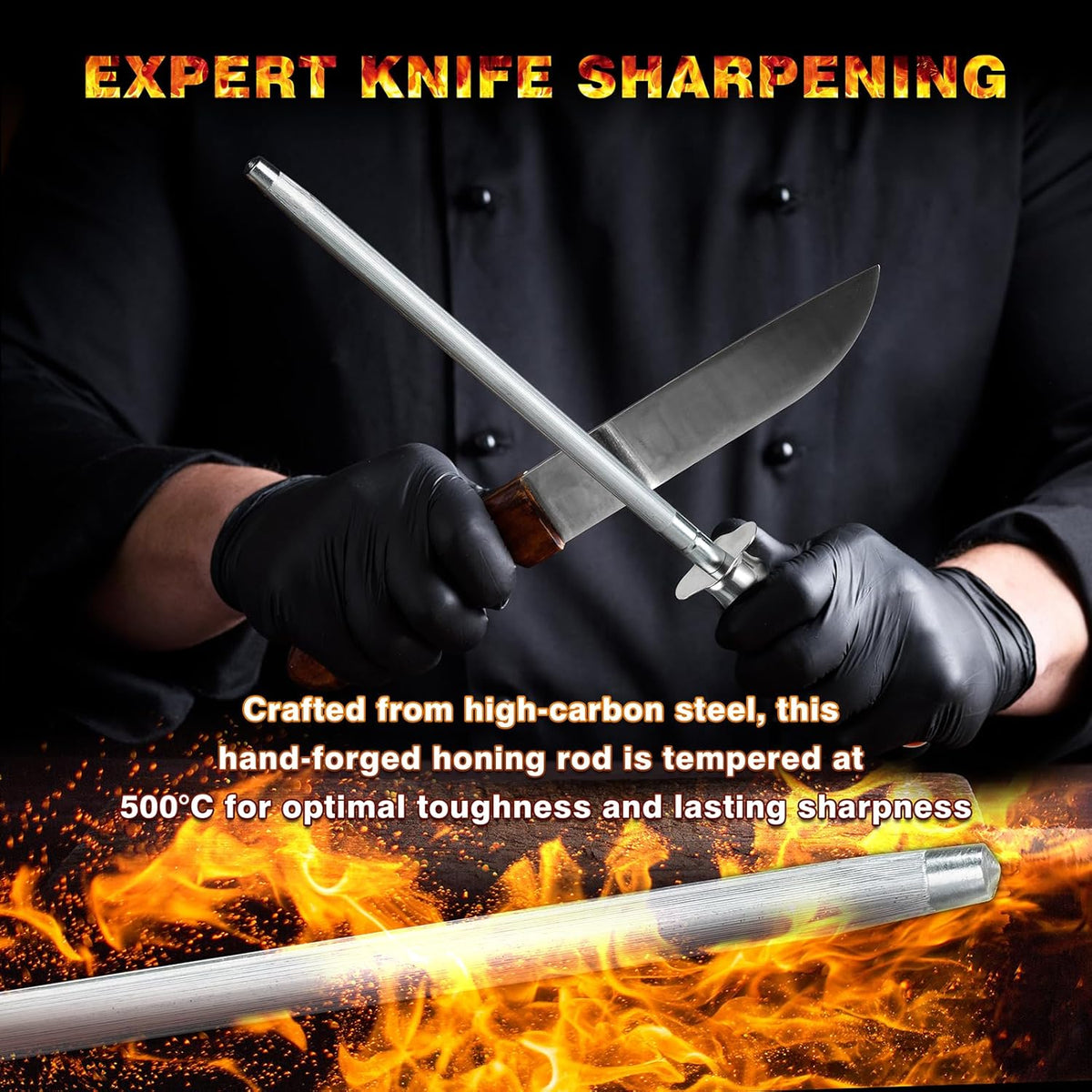 Knife Sharpener Rod, Kitchen Knives Sharpener Carbon Steel Professional Knife Sharpening Steel, Honing Rod with Hanging Holes (13 inches), F