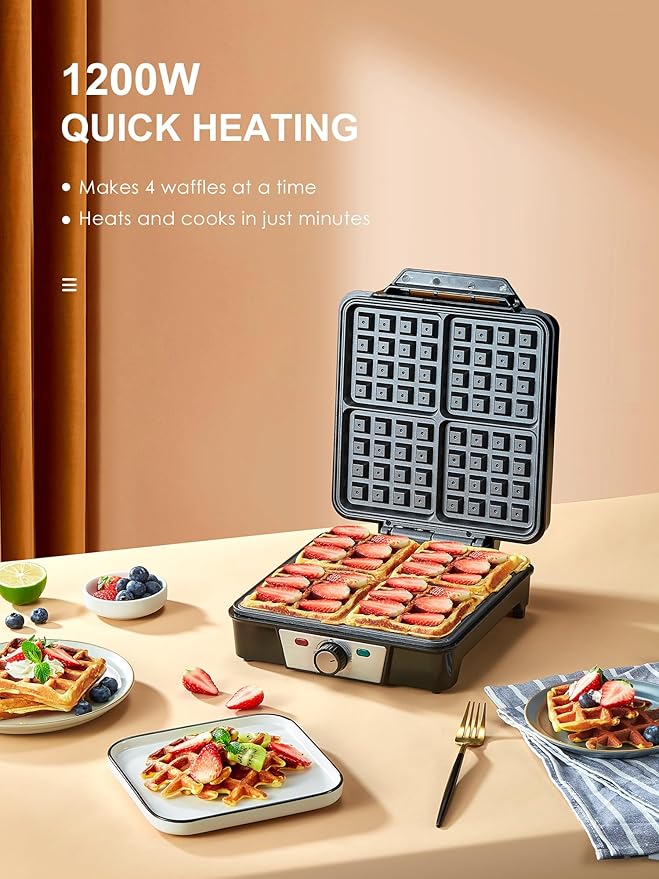 Belgian Waffle Maker 4 Slices, 1200W Waffle Iron, Anti-Overflow Waffle Iron with Browning Knob, Nonstick Plates, Indicator Lights, Silver/Black (Black, Silver)