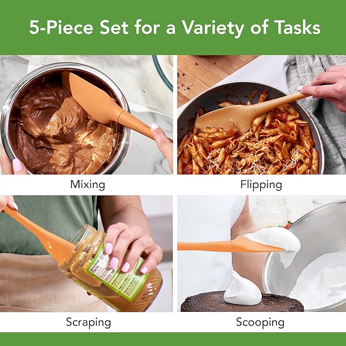 Tovolo Flex Core 5 Piece Silicone Spatula Set Heat Resistant All Silicone Utensils Include Non Stick Spatula Spoonula Jar Scraper, Dishwasher Safe BPA Free Spatulas for Baking Mixing, Apricot Orange