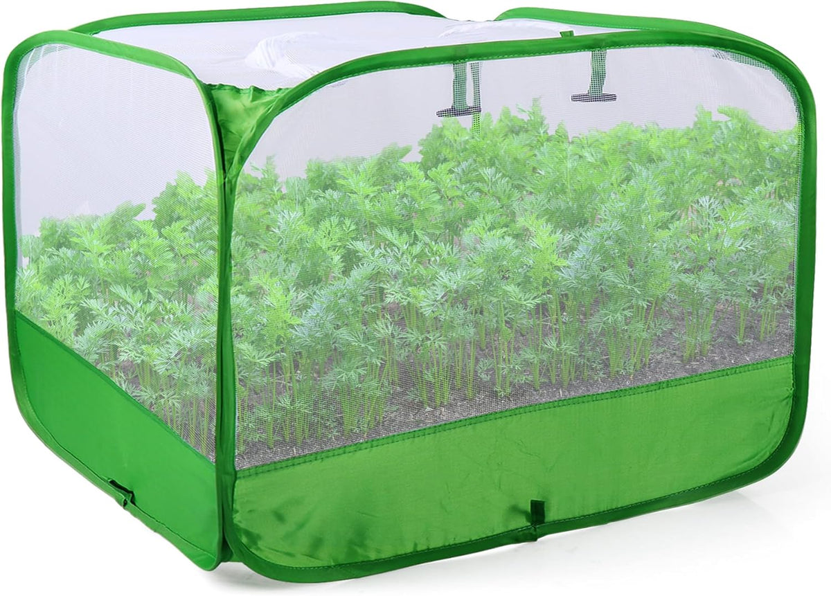 Mesh Plant Cover for Outdoor, Plant Netting Protector Garden Enclosure Cloche for Fruit, Vegetables, Strawberry, Flowers and Herbs Pop-Up Cage with 4 Stakes (White with Green, 39.4" x 39.4" x 19.7")