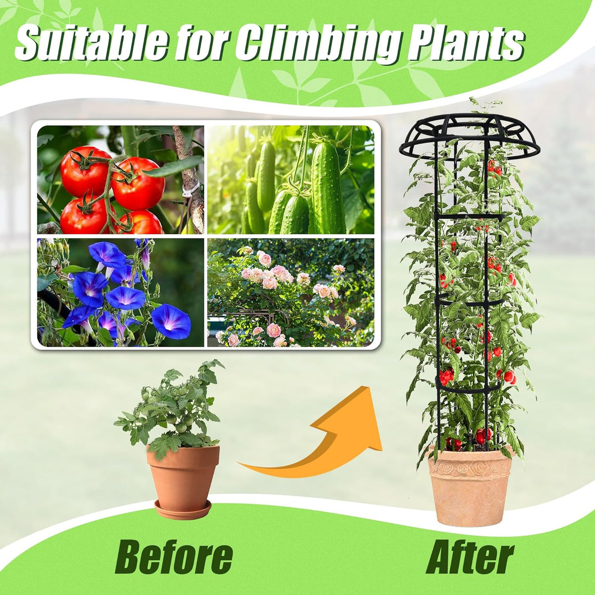 Garden Trellis for Climbing Plants, 2 Pack 53.2 Inch Mushroom Top Trellis for Climbing Plants Outdoor Indoor, Rustproof Metal with Plastic Coated Plant Climbing Support for Flower Fruits Vines