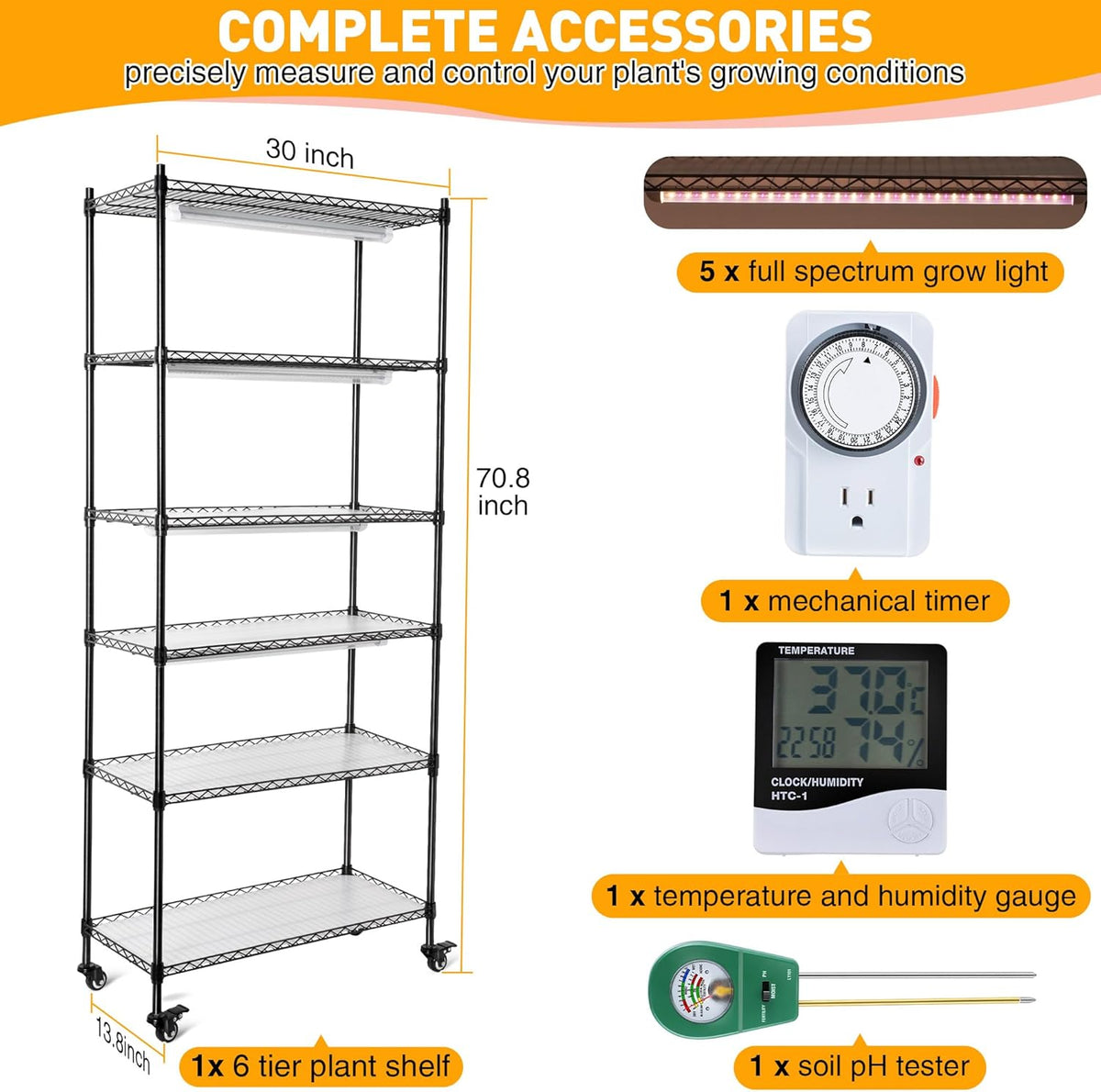 Meonum Plant Shelf with Grow Lights, 6 Tier DIY Metal Grow Rack with 90W LED Growing Lamps for Seed Starting, Indoor Greenhouse with Cover, Mechanical Timer, Thermometer, pH Meter, PP Waterproof Pads