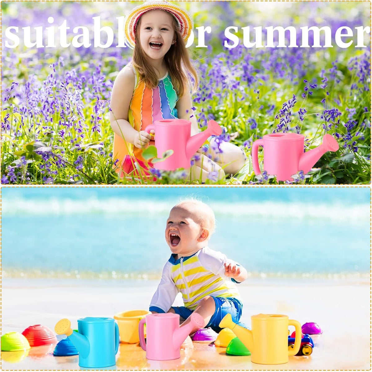 Meooeck 6 Pieces Plastic Watering Can for Kids Small Beach Toy Watering Can Toys for Childs Toddler Boys Girls Water Play Outdoor Gardening Play Time Practical Use, Yellow, Pink, Blue