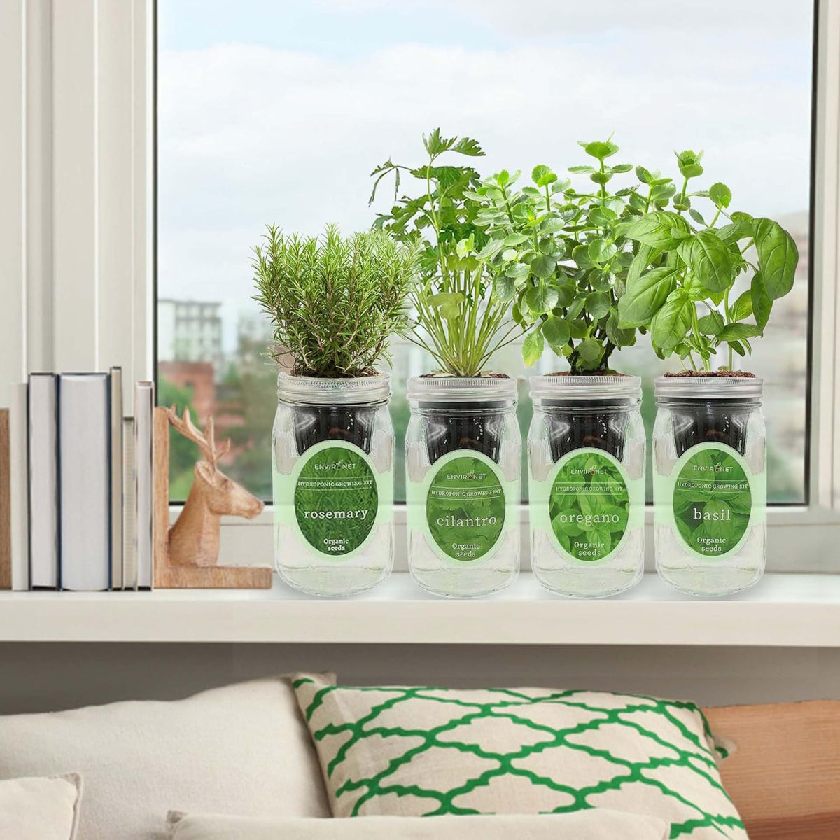 Hydroponic Mason Jar Organic Herb Seed Starter Kits - Mediterranean Herb Mix Growing Kits, Windowsill Herb Garden, Gardening Gift (Rosemary, Cilantro, Oregano, Basil)