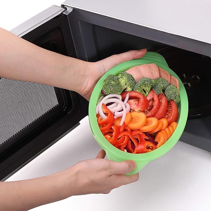 Microwave Steamer Cooker Collapsible Bowl-Silicone Steamer Cookware with Handle Lid for Vegetables Fish Prep Meal Food with Removable Rack BPA Free, Easy to Store, Freezer & Dishwasher Safe, Large