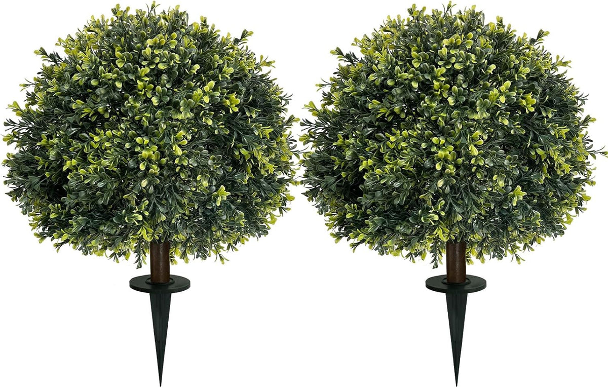 ICX 2 Pack 24" Artificial Boxwood Topiary Ball Trees with Ground Spike,Artificial Plants Outdoor,Fake Bushes & Shrubs for Porch, Garden, Front Porch Decor - Indoor/Outdoor Faux Plants