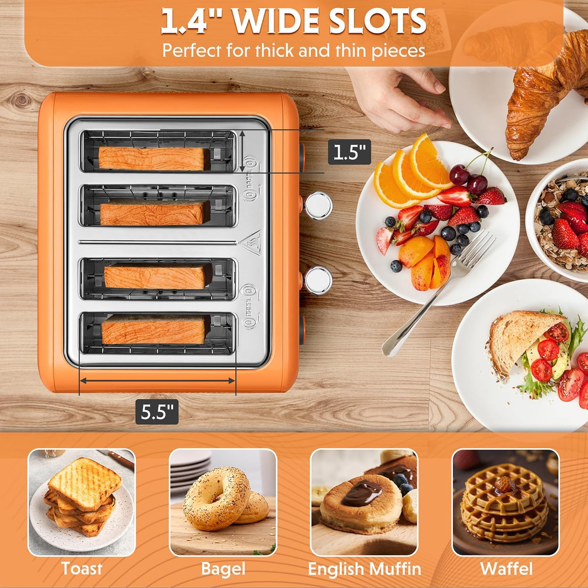 BUYDEEM DT640 4-Slice Toaster, Extra Wide Slots, Retro Stainless Steel with High Lift Lever, Bagel and Muffin Function, Removal Crumb Tray, 7-Shade Settings,Orange