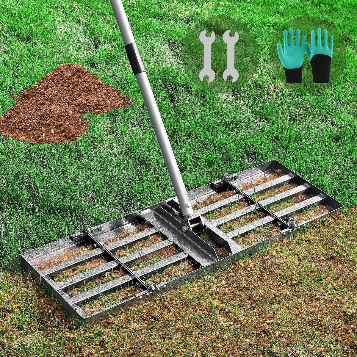 Lawn Leveling Rake, Lawn Leveler with Stainless Steel Long Handle, Heavy Duty Yard Level Tool for Leveling Soil, Sand Or Dirt Surfaces, Gardening Gloves Gift Included (30x10in)