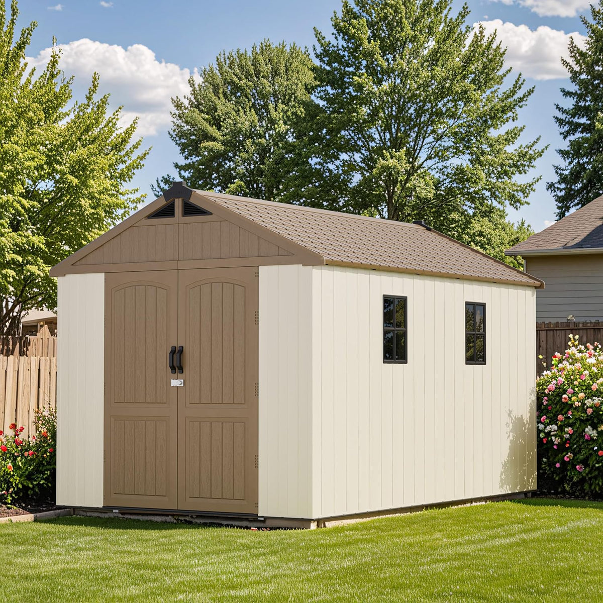 Patiowell 8 x 12 FT Plastic Outdoor Storage Shed with Floor, Resin Shed with Window and Lockable Door for Garden, Backyard, Tool Storage Use, Easy to Install in Brown (Kick-it Shed)