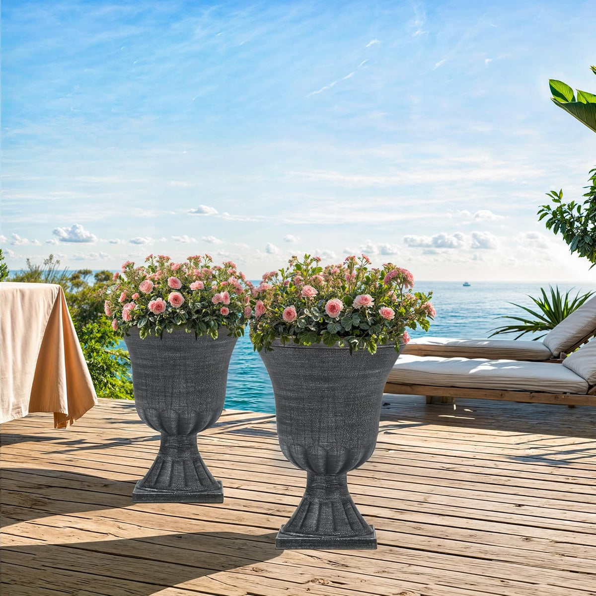 22" Large Urn Planters (Set of 2), Handmade Washed Black Plastic Flower Pots, Weatherproof for Porch, Garden, Patio or Home Décor
