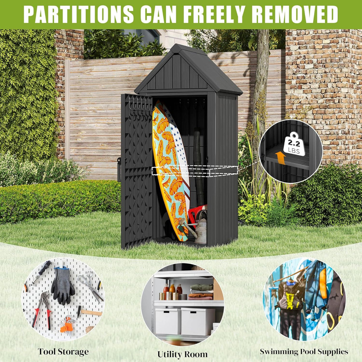 Upgraded Outdoor Resin Storage Shed with Removable Shelves, Lock Ring & Reinforced Floor - All-Weather Garden, Patio Cabinet (Black)