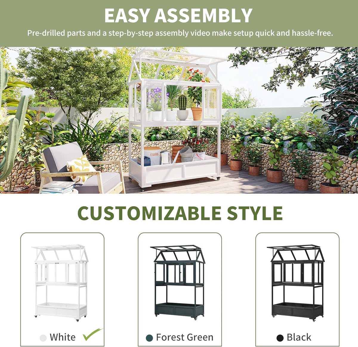 Portable Cold Frame Greenhouse with Wheels , Wooden Mini Greenhouse Cabinet for Gardens & Balconies , Openable Roof Design & Built-in Storage Box ,Easy-to-Move & Durable (White)