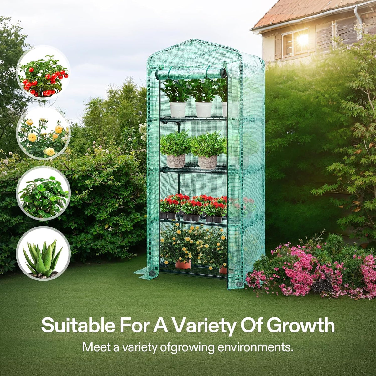VIVOSUN Mini 4-Tier Greenhouse with Wheels, 27 x 19 x 63-Inch Reusable Portable Warm House with Green PE Cover and Shelf for Compact Garden and Small Backyards, with Wheels