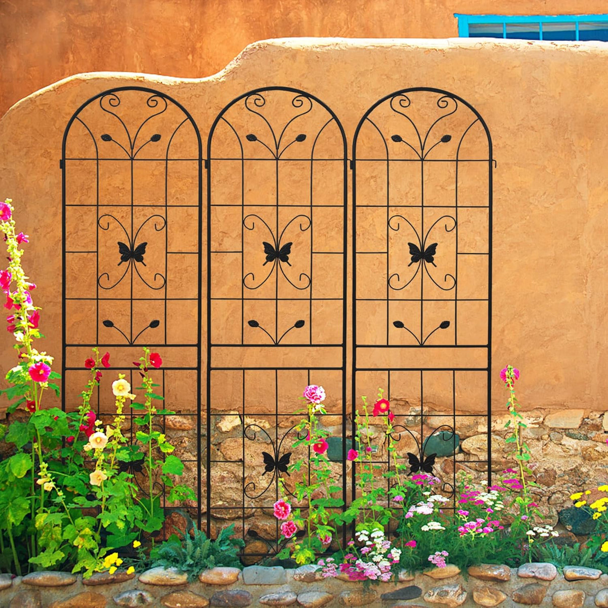 2 Pack Metal Garden Trellis 86.7" Black Fence Rustproof Garden Trellis for Climbing Plants Support Roses Flower Outdoor Lawn, Black