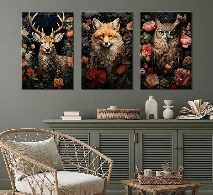 Magical Forest Animal Canvas Wall Art Flowers And Wild Animals Prints Wall Decor Dark Cottagecore Posters Gothic Vintage Botanical Floral Painting Picture Nature Room Decor Bedroom Decoration Framed