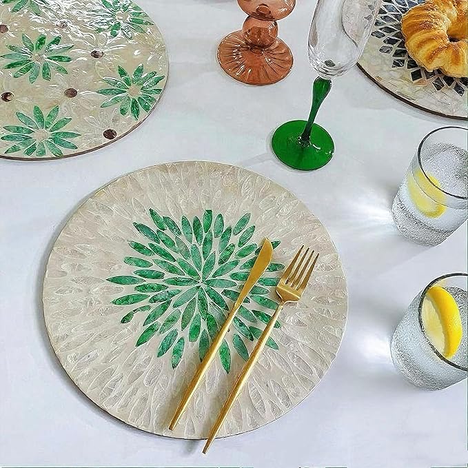 12 Inch Mother of Pearl Shell Placemat Plate – Large Round Decorative Heat for Table or Kitchen, Cabinet, Tabletop (Green Leaves, 12 Inch)