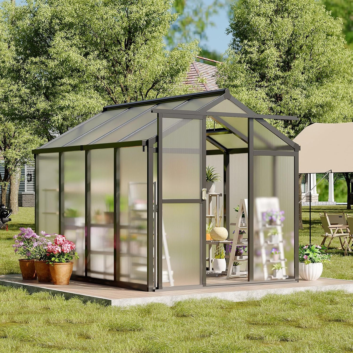 6 x 8 FT Greenhouse, Greenhouses for Outside, Polycarbonate Greenhouse with Aluminum Frame, Lockable Door and Ajustable Roof Vent for Backyard, Green Houses for Outside Garden Backyard, Patio