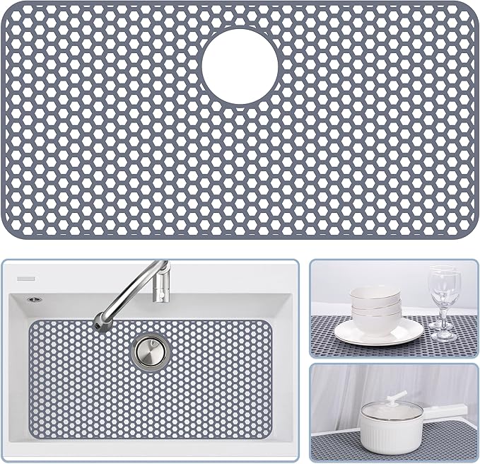 Bestjing Silicone Sink Protectors for Kitchen Sink with Rear Drain - 28.3"x 15.7" Kitchen Protector Accessory, Non-Slip Heat Resistan Mat for Bottom of Farmhouse Stainless Steel Porcelain(Gray)