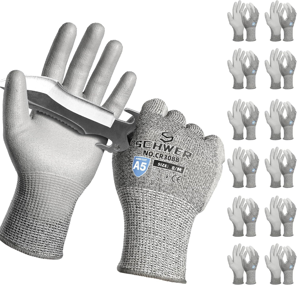 Schwer 240 Pairs ANSI A5 Cut Resistant Work Gloves, Cut Proof Gloves with PU Coating, Used for Metal Fabrication, WoodWorking, Construction, Non Slip, Durable, M, CR3088