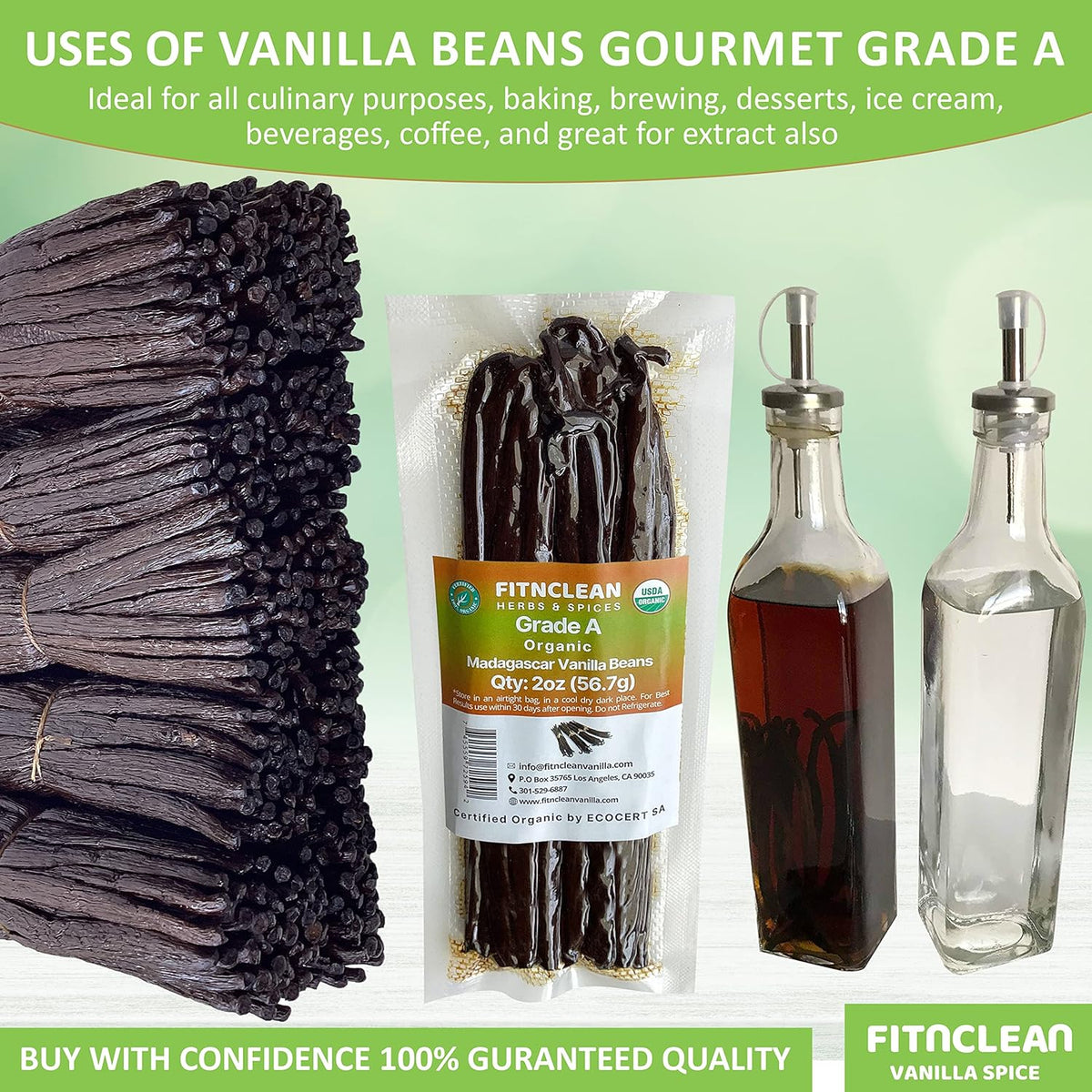 2oz Madagascar Organic Vanilla Beans Gourmet Grade A. Certified USDA Organic 6"-8" by FITNCLEAN VANILLA Bourbon Fresh for Extract, Essence, Brewing, Baking NON-GMO Whole Pods