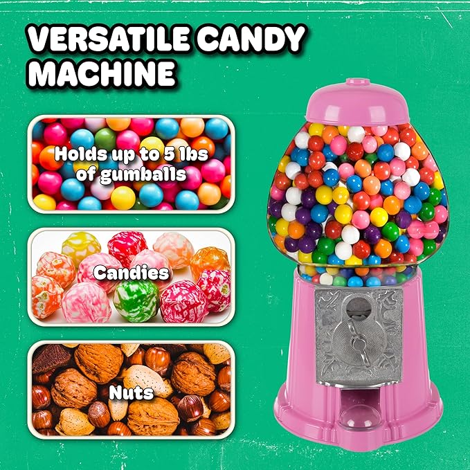 11-Inch Mini Gumball Machine - Vintage Candy Dispenser with Glass Globe, Metal Base, and Free Spin Coin Mechanism by Great Northern Popcorn (Pink)