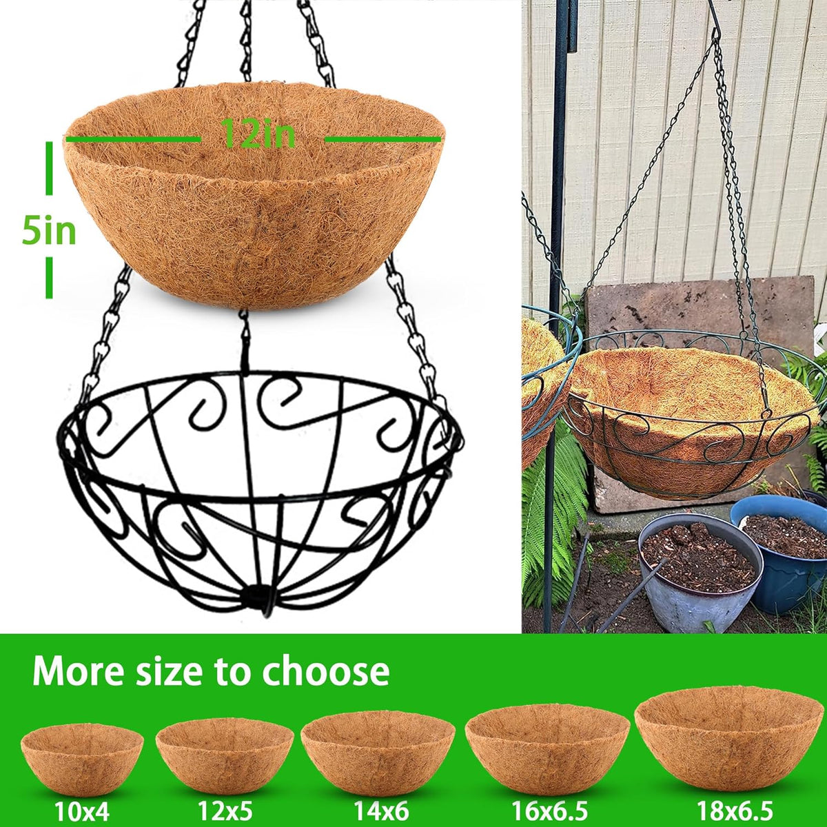 6 Pcs of 12-Inch Hanging Basket Coco Liners Replacement - Natural Round Coconut Fiber Planter Basket Liners for Hanging Basket Flowers