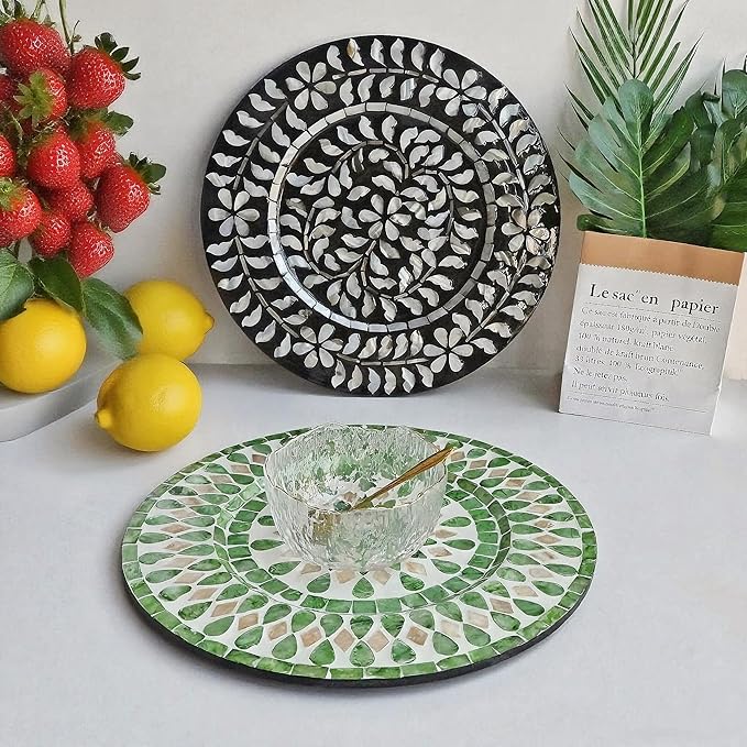 13 Inch Mother of Pearl Shell Placemat Plate – Large Round Decorative Heat for Table or Kitchen, Cabinet, Tabletop (Green Water Drop, 13 Inch)